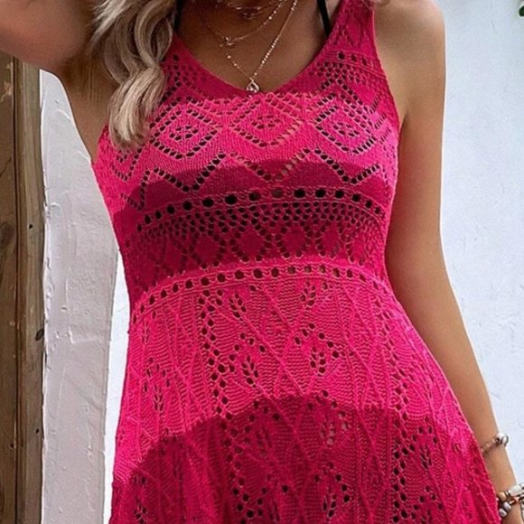 Pink Womens Colorblock Pointelle Knit Cover Up Dress - Picture 6 of 6